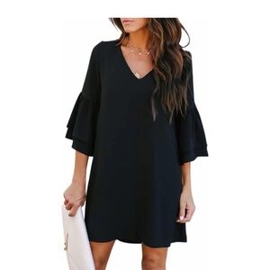 V-neck black bell sleeve shift dress